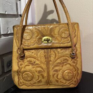 Vintage Leather Satchel Tote Bag 70s Etched Roses Multi Pocketed Made Mexico